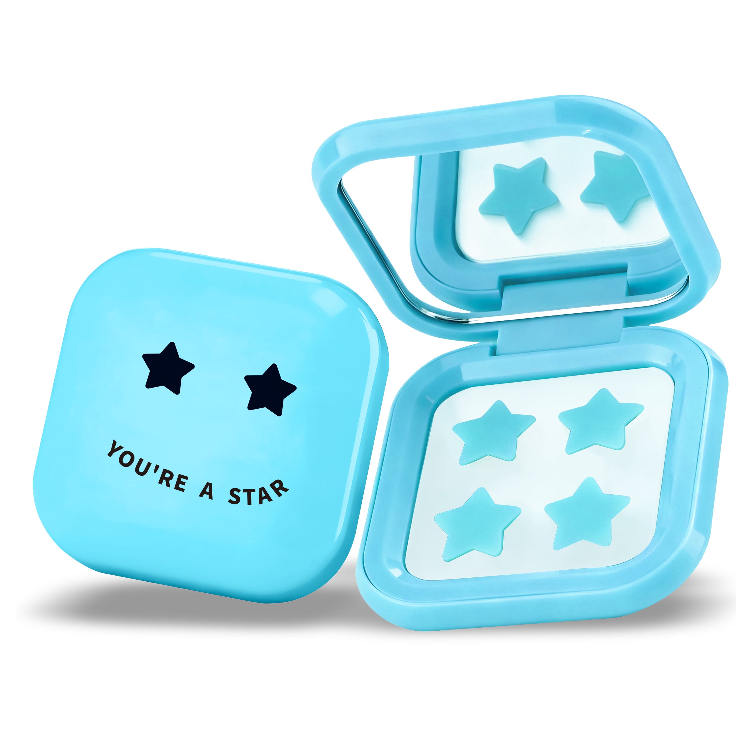 PIMPLE STAR PATCHES &amp; MIRROR CASE Blue Pimple Patches - Anti-Blemish Stars in portable mirror case, 32 patches